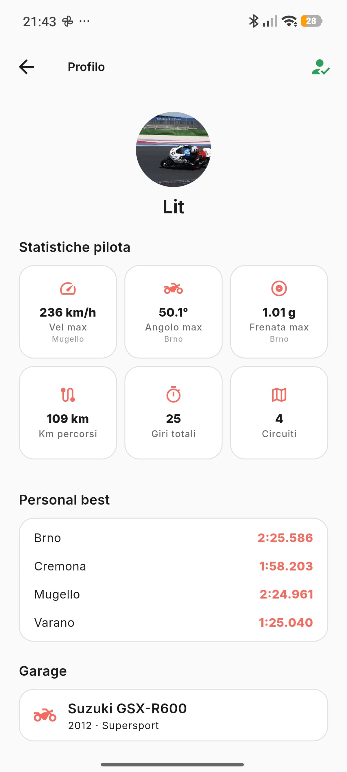Schermata profilo: record personali, storico progressi, moto e giornate.